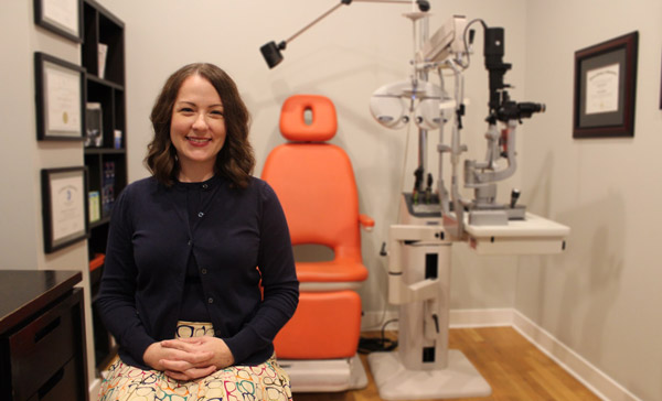 Dr. stephanie lyons in her exam room talks about ways to reduce kids' anxiety about going to the optometrist's office