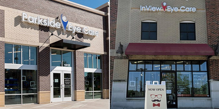 The logos for the two practices are similar, as seen here on the exteriors of the offices, but inside there are two different styles and color palettes. See the Parkside Eye Care office.