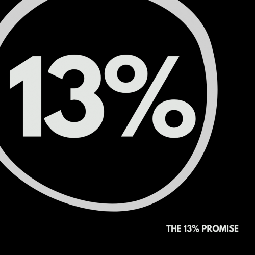 The 13% Promise Logo: Black background with white/gray text
