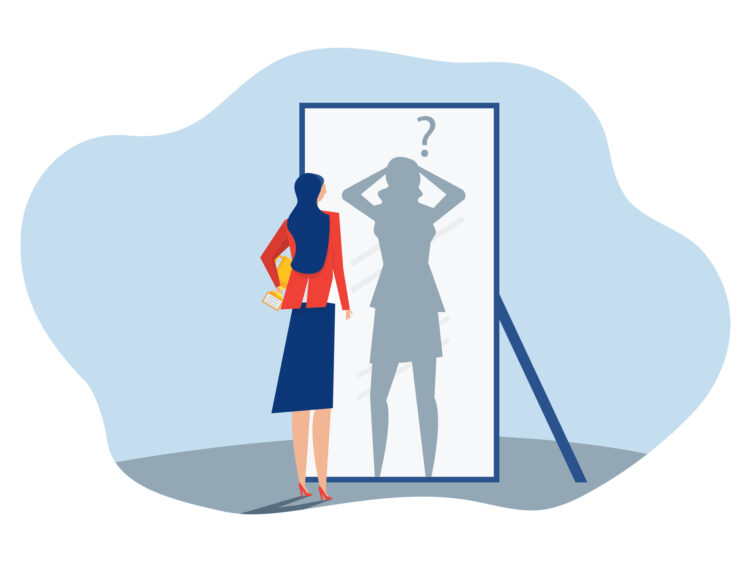 Drawn female looking in a mirror and questioning.