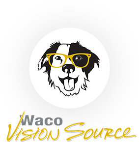 The Waco Vision Source logo, featuring Mahle the office pup wearing yellow frames