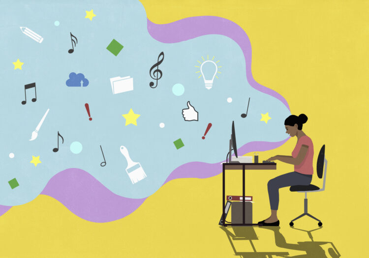 A graphic of a woman working at a computer with work and music symbols floating in the air