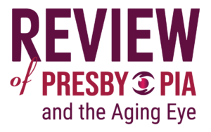 maroon logo of review of presbyopia and the aging eye, a web platform for Generation 45+patients
