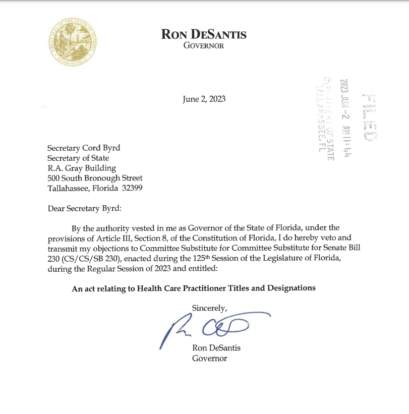 letter from Gov. DeSantis showing his veto of SB 230 