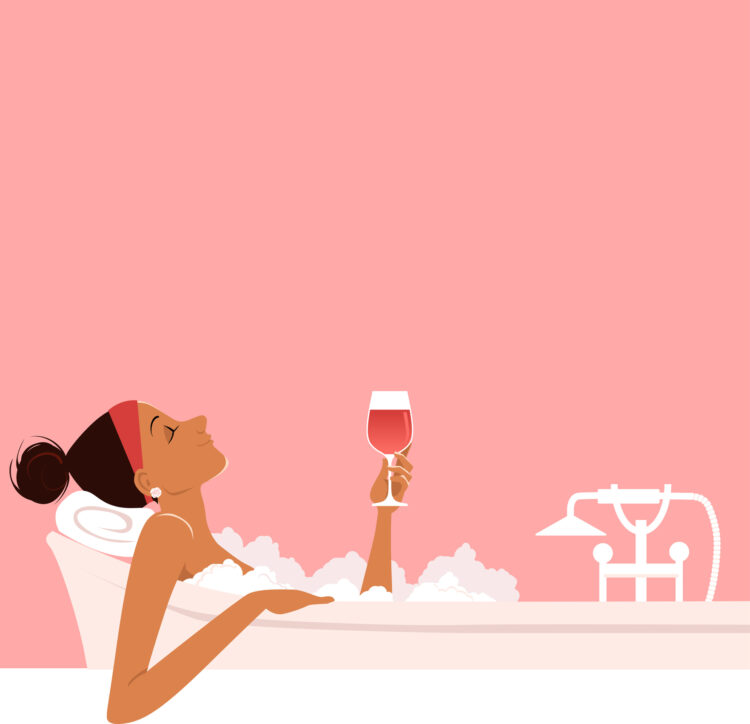 Woman taking a relaxing bubble bath and drinking red wine, side view, copy space above, EPS 8 vector illustration