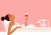 We Need More “Me Time!” Woman taking a relaxing bubble bath and drinking red wine, side view, copy space above, EPS 8 vector illustration