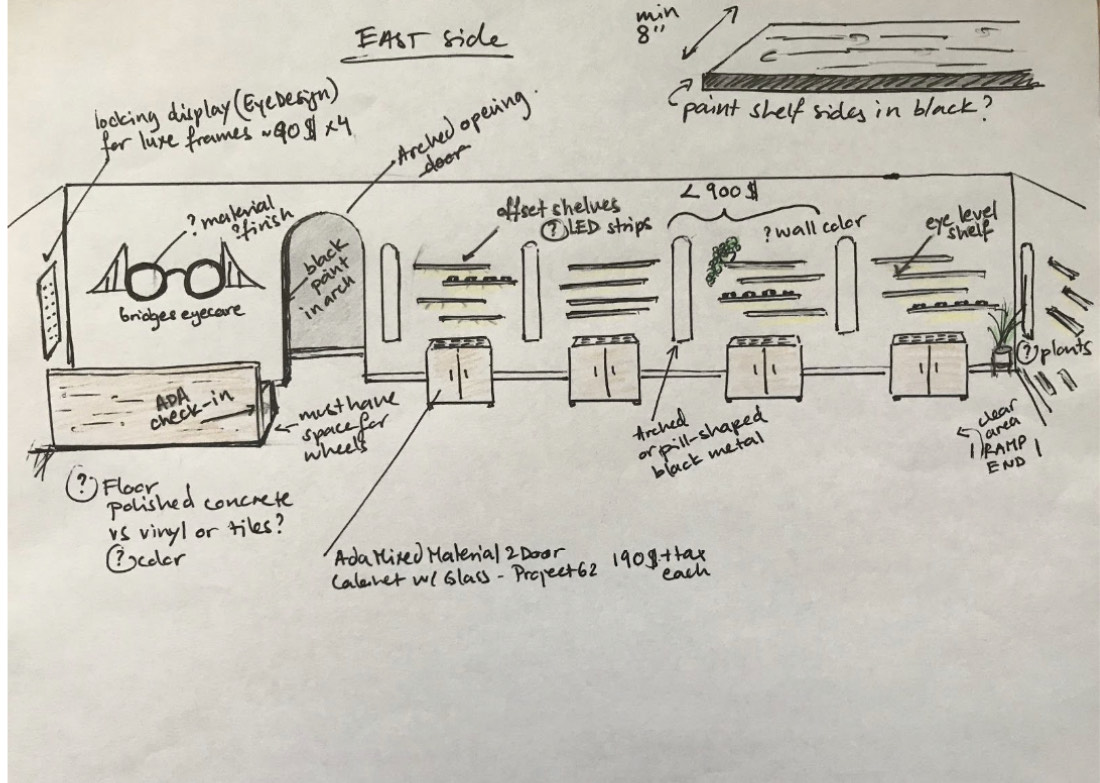 Dr. Lingad's hand-drawn sketch of the optometry practice design for Bridges Eye Care