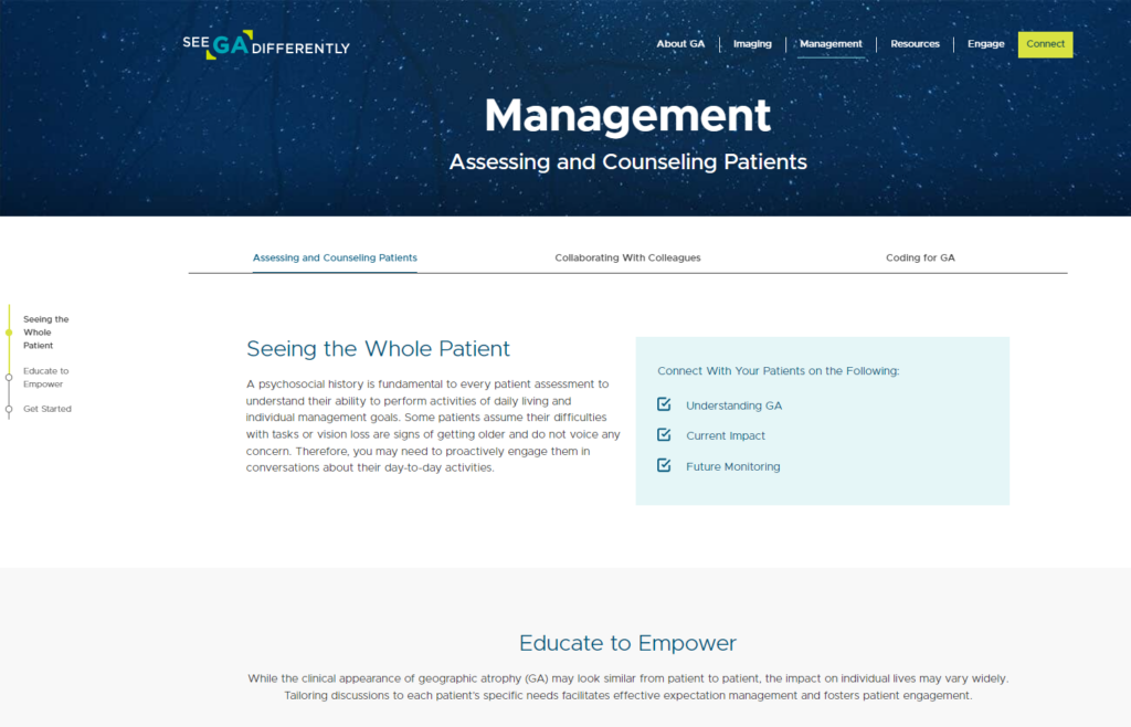 Section on the See GA Differently website that talked about patient management