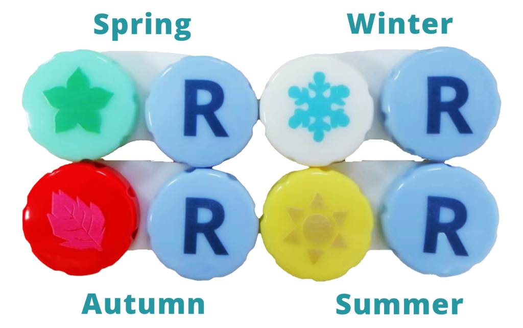 four seasonal lens cases with symbols to designate spring (blossom) winter (snowflake) autumn (leaf) and summer (sun) 