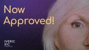 Now approved text over older woman's face with focus on eye. GA medication gets fda approval