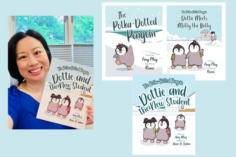 Dr. Amy Moy with the three books in the Polka Dotted Penguin series