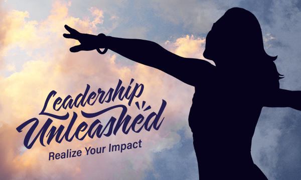 silhouette of woman with arms outstretched - with script words leadership unleashed