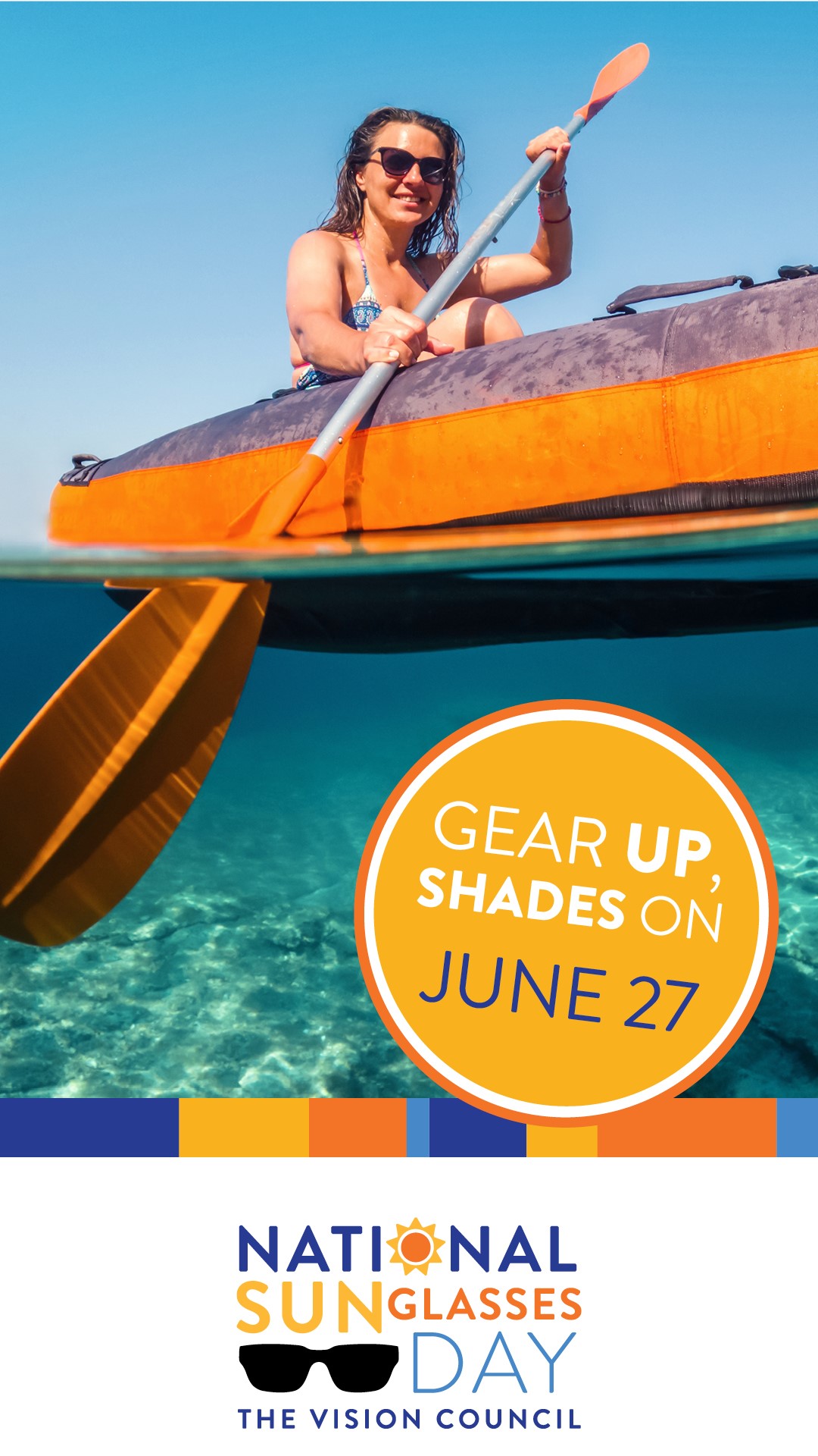national sunglasses day is june 27, photo taken at water level of woman in kayak wearing sunglasses