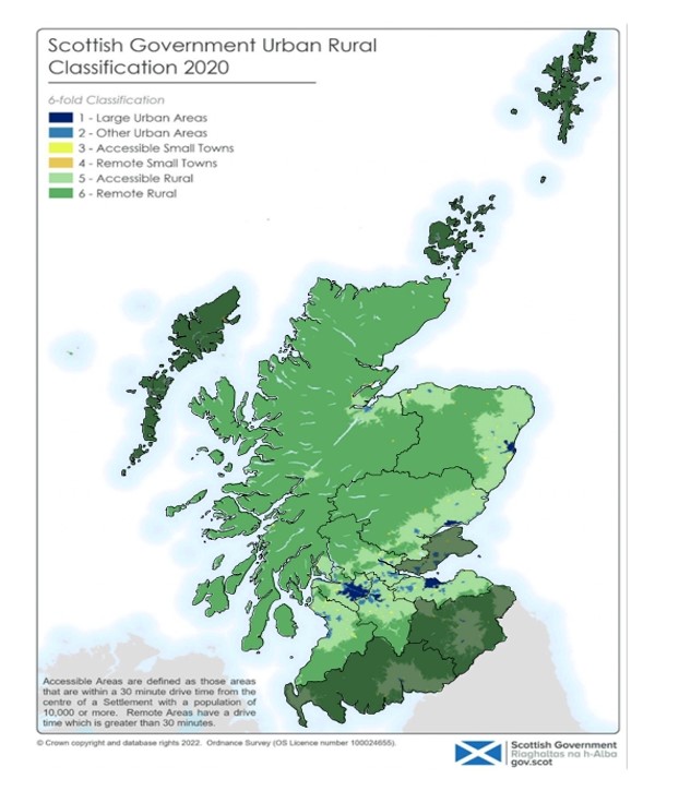 living environments differ in urban v rural areas. this map classifies scotland's urban and rural areas by color. 