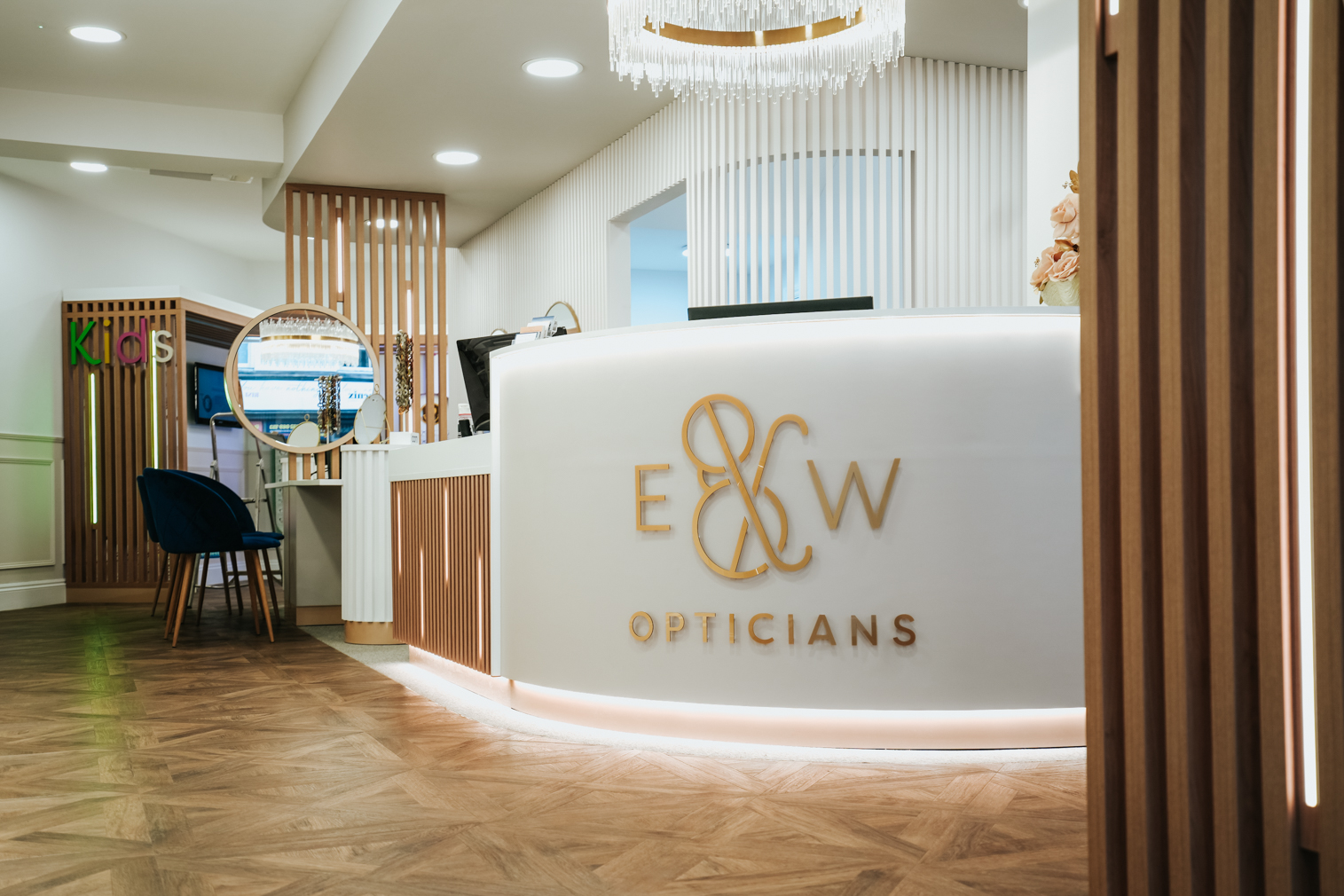 the front desk with lighting built in