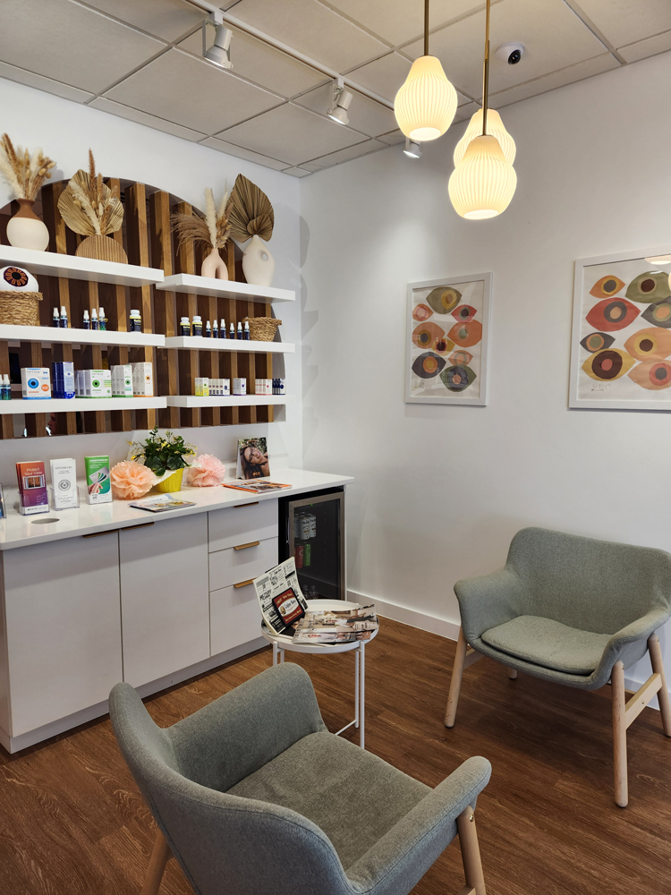 a cozy waiting and beverage area